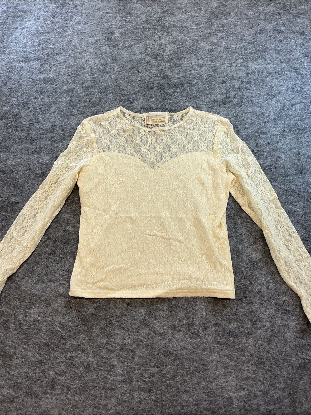 Vintage Bonjour 90s Mesh Lacey White Flirty Lace Sheer Long Sleeve AA